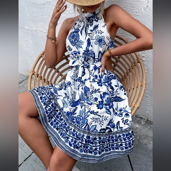 Boho Floral Paisley Print Belted Ruffle Hem Halter Dress WHITE BLUE - Picture 5 of 6